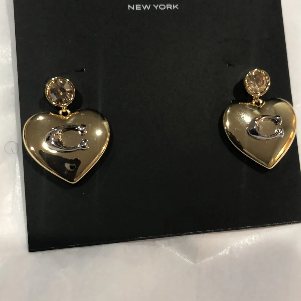 Coach gold plated puffy heart shape citrine gemstone look dangling stud earrings - Picture 9 of 14